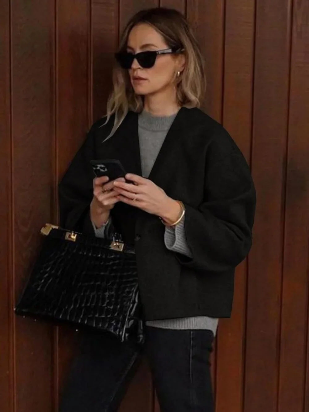 Women's Black Cropped Wool Blend Short Collarless Long Sleeve Fall Pea Overcoat